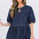  Gracelyn Puff Sleeve Lace-up Neckline Denim Blouse