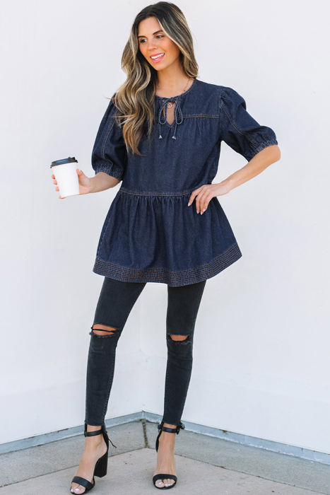 Gracelyn Puff Sleeve Lace-up Neckline Denim Blouse