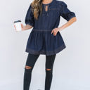  Gracelyn Puff Sleeve Lace-up Neckline Denim Blouse