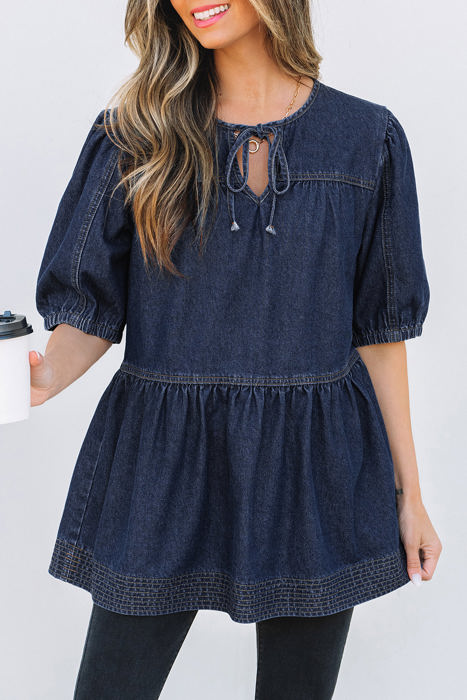 Gracelyn Puff Sleeve Lace-up Neckline Denim Blouse