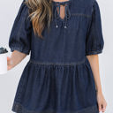  Gracelyn Puff Sleeve Lace-up Neckline Denim Blouse