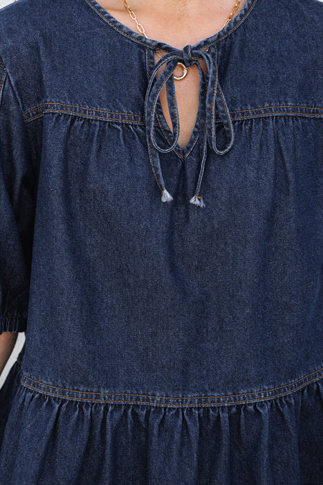 Gracelyn Puff Sleeve Lace-up Neckline Denim Blouse