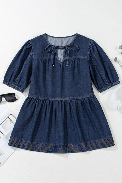 Gracelyn Puff Sleeve Lace-up Neckline Denim Blouse