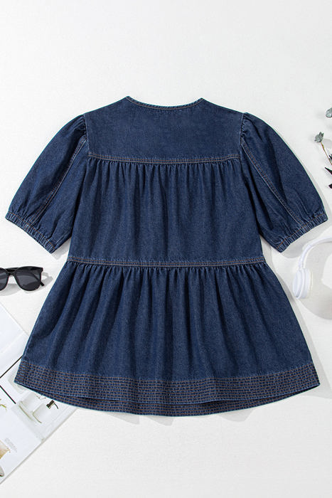 Gracelyn Puff Sleeve Lace-up Neckline Denim Blouse