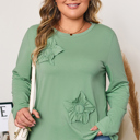  Grass Green Flower Applique Mineral Wash Plus Size Top