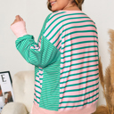  Green Stripe Color Block Exposed Seam Side Slit Plus Size Sweatshirt