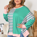  Green Stripe Color Block Exposed Seam Side Slit Plus Size Sweatshirt