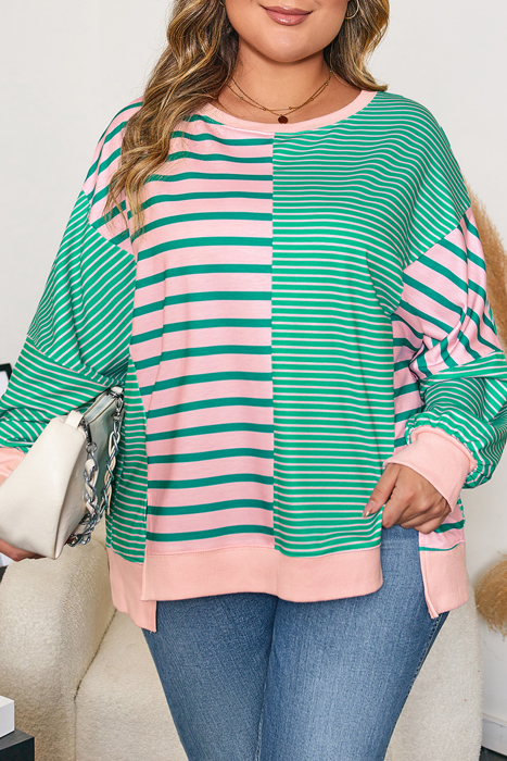 Green Stripe Color Block Exposed Seam Side Slit Plus Size Sweatshirt