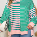  Green Stripe Color Block Exposed Seam Side Slit Plus Size Sweatshirt