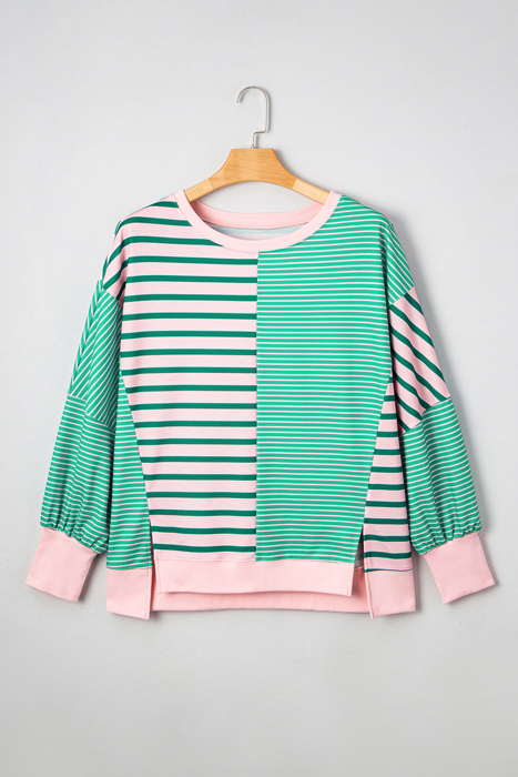 Green Stripe Color Block Exposed Seam Side Slit Plus Size Sweatshirt