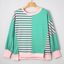  Green Stripe Color Block Exposed Seam Side Slit Plus Size Sweatshirt