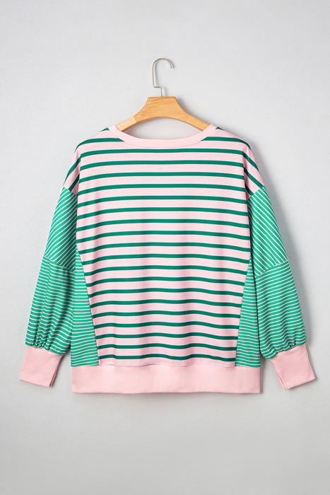 Green Stripe Color Block Exposed Seam Side Slit Plus Size Sweatshirt