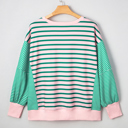  Green Stripe Color Block Exposed Seam Side Slit Plus Size Sweatshirt