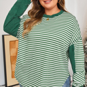  Green Stripe Exposed Seam Patchwork Plus Size Thermal Top