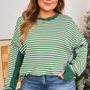  Green Stripe Exposed Seam Patchwork Plus Size Thermal Top