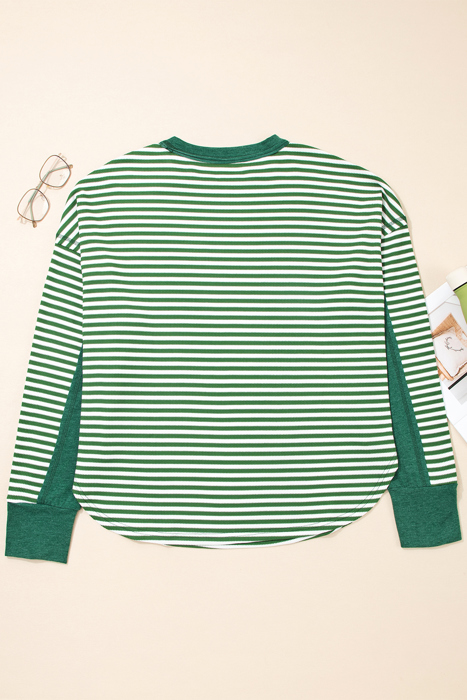 Green Stripe Exposed Seam Patchwork Plus Size Thermal Top