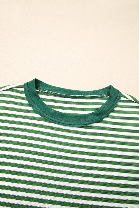 Green Stripe Exposed Seam Patchwork Plus Size Thermal Top