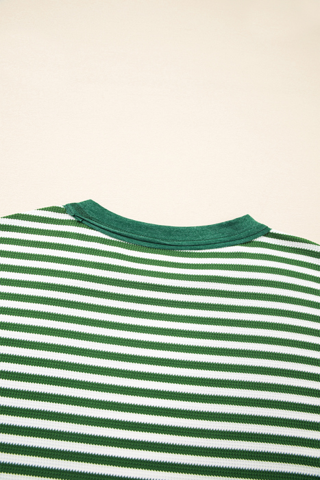 Green Stripe Exposed Seam Patchwork Plus Size Thermal Top