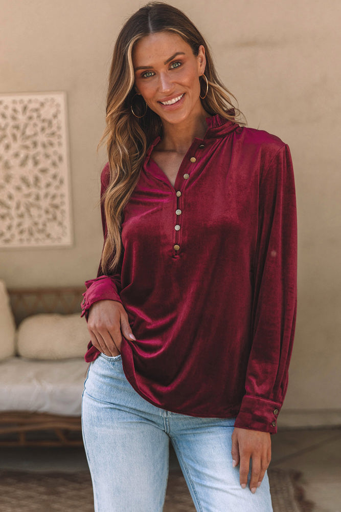 Gwynn Frilled Neck Buttoned Front Velvet Top