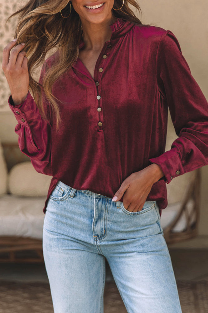 Gwynn Frilled Neck Buttoned Front Velvet Top