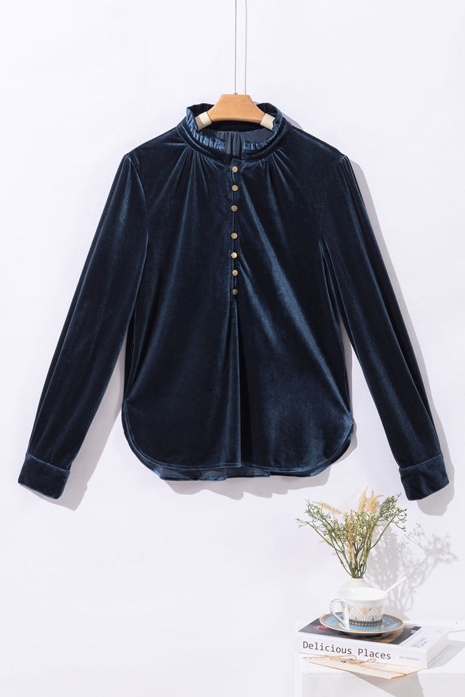 Gwynn Frilled Neck Buttoned Front Velvet Top