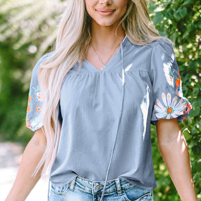 Hadlee Floral Embroidered Puff Sleeve Split Neck Blouse