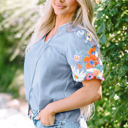  Hadlee Floral Embroidered Puff Sleeve Split Neck Blouse