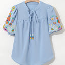  Hadlee Floral Embroidered Puff Sleeve Split Neck Blouse