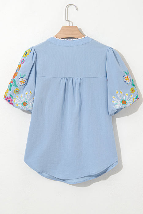 Hadlee Floral Embroidered Puff Sleeve Split Neck Blouse