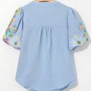  Hadlee Floral Embroidered Puff Sleeve Split Neck Blouse