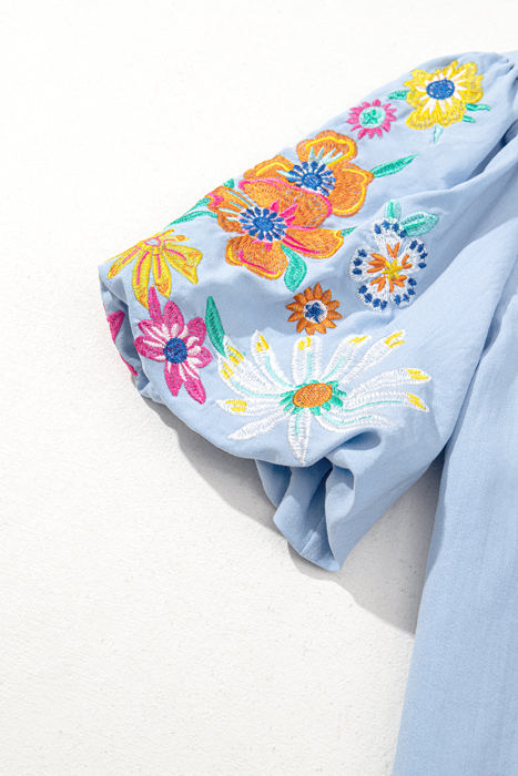 Hadlee Floral Embroidered Puff Sleeve Split Neck Blouse