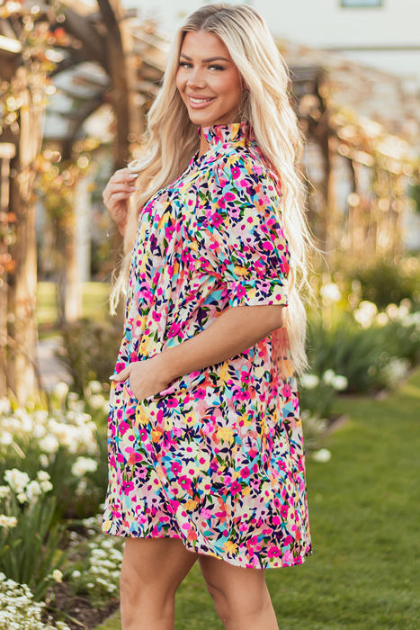 Hadlee Floral Puff Short Sleeve V Neck Mini Dress