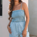  Haisley Spaghetti Strap Smocked Denim Romper