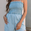  Haisley Spaghetti Strap Smocked Denim Romper