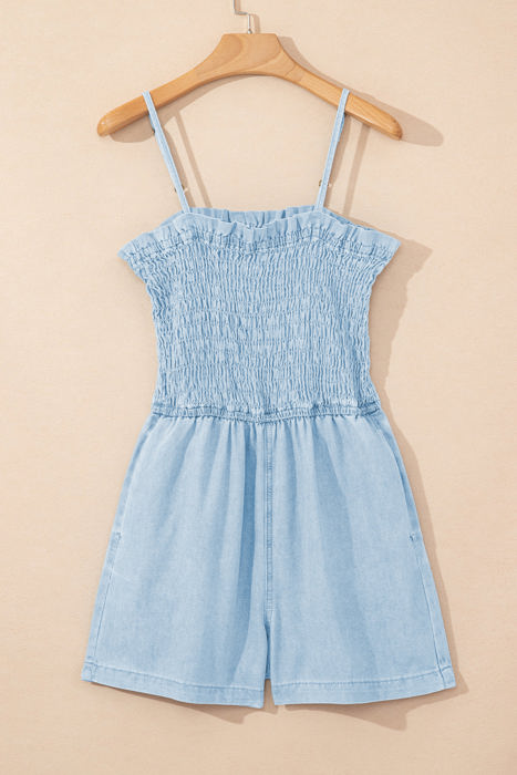 Haisley Spaghetti Strap Smocked Denim Romper