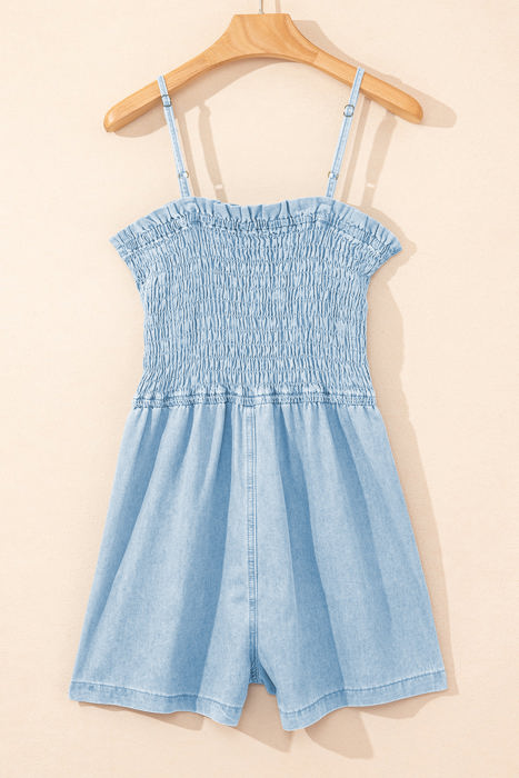 Haisley Spaghetti Strap Smocked Denim Romper