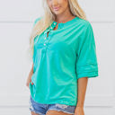  Hanna Solid Color Half Sleeve Buttons Henley Top