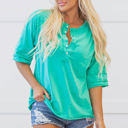  Hanna Solid Color Half Sleeve Buttons Henley Top