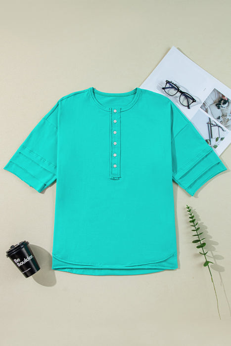 Hanna Solid Color Half Sleeve Buttons Henley Top