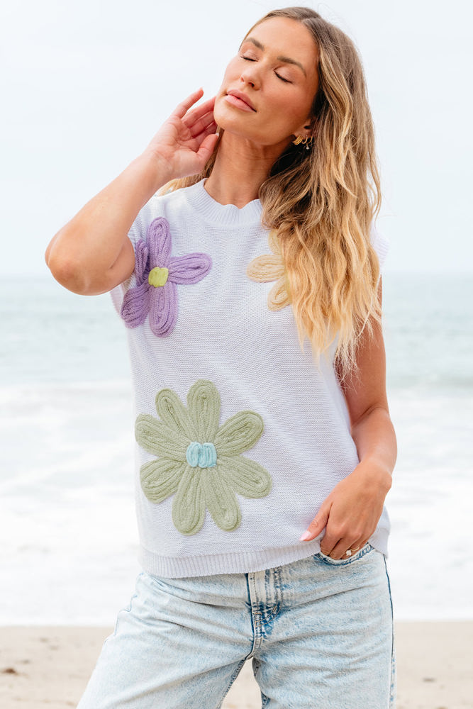 Hannah Crochet Flower Knit Short Sleeve Sweater Top