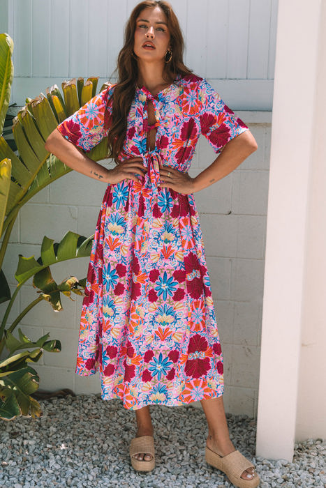 Hannah Floral Tied Front High Waist Long Dress