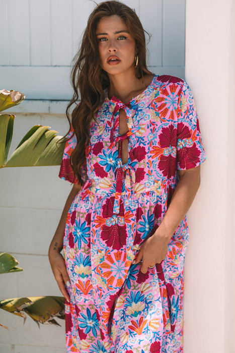 Hannah Floral Tied Front High Waist Long Dress