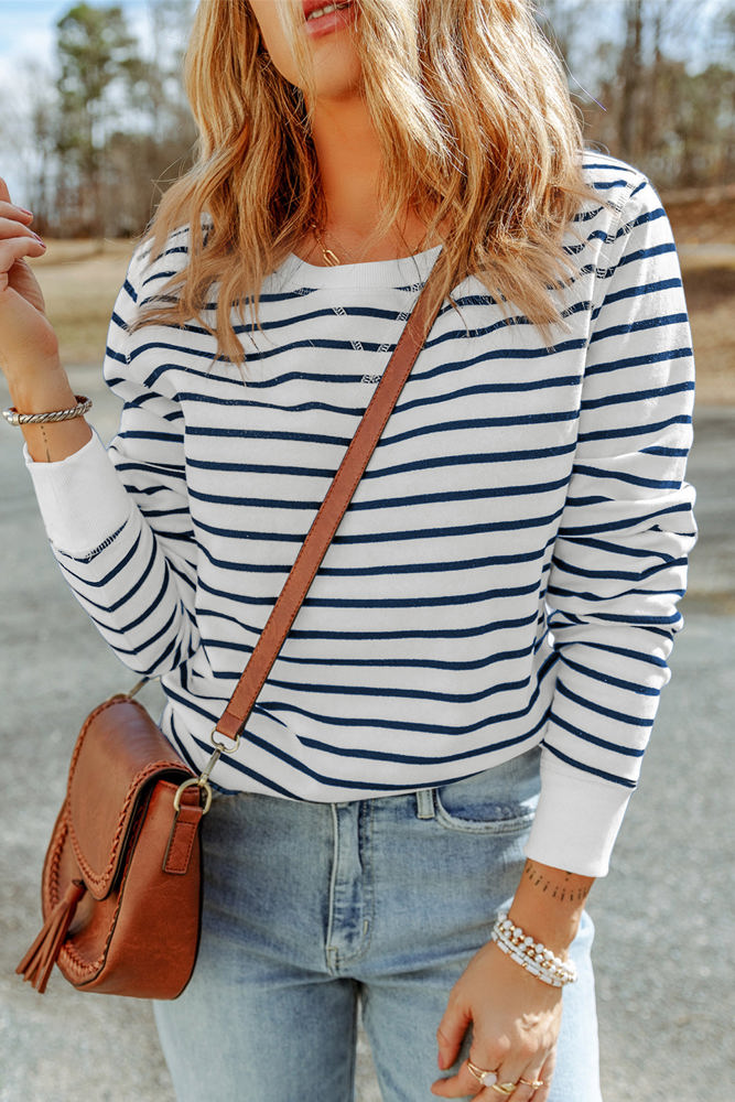 Hannah Striped Print Ribbed Trim Long Sleeve Top