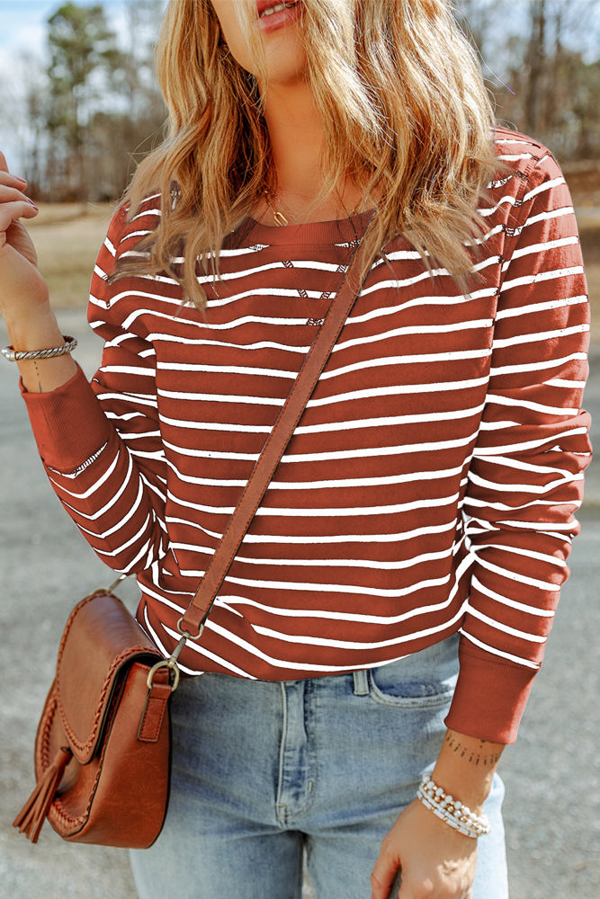 Hannah Striped Print Ribbed Trim Long Sleeve Top