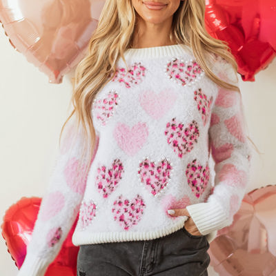 Heart Leopard Pearled Fuzzy Sweater