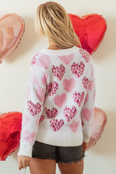 Heart Leopard Pearled Fuzzy Sweater