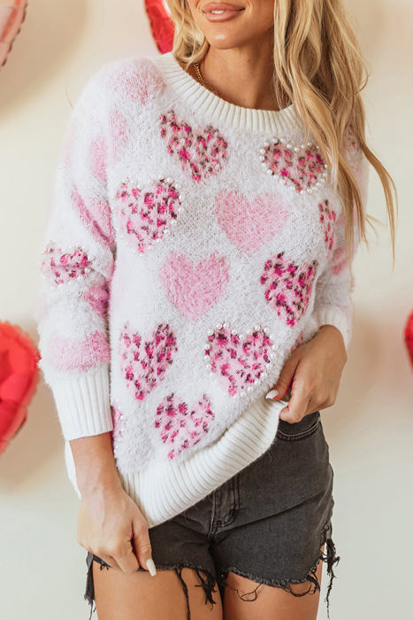 Heart Leopard Pearled Fuzzy Sweater