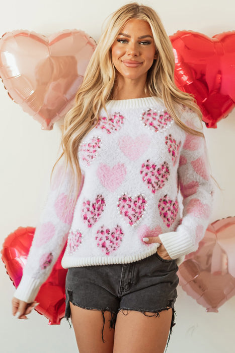 Heart Leopard Pearled Fuzzy Sweater