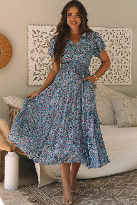 Helena Shirred Short Puff Sleeve Maxi Dress