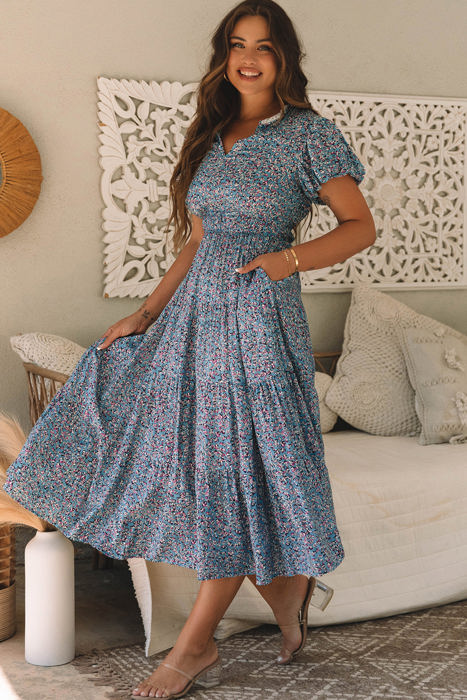 Helena Shirred Short Puff Sleeve Maxi Dress